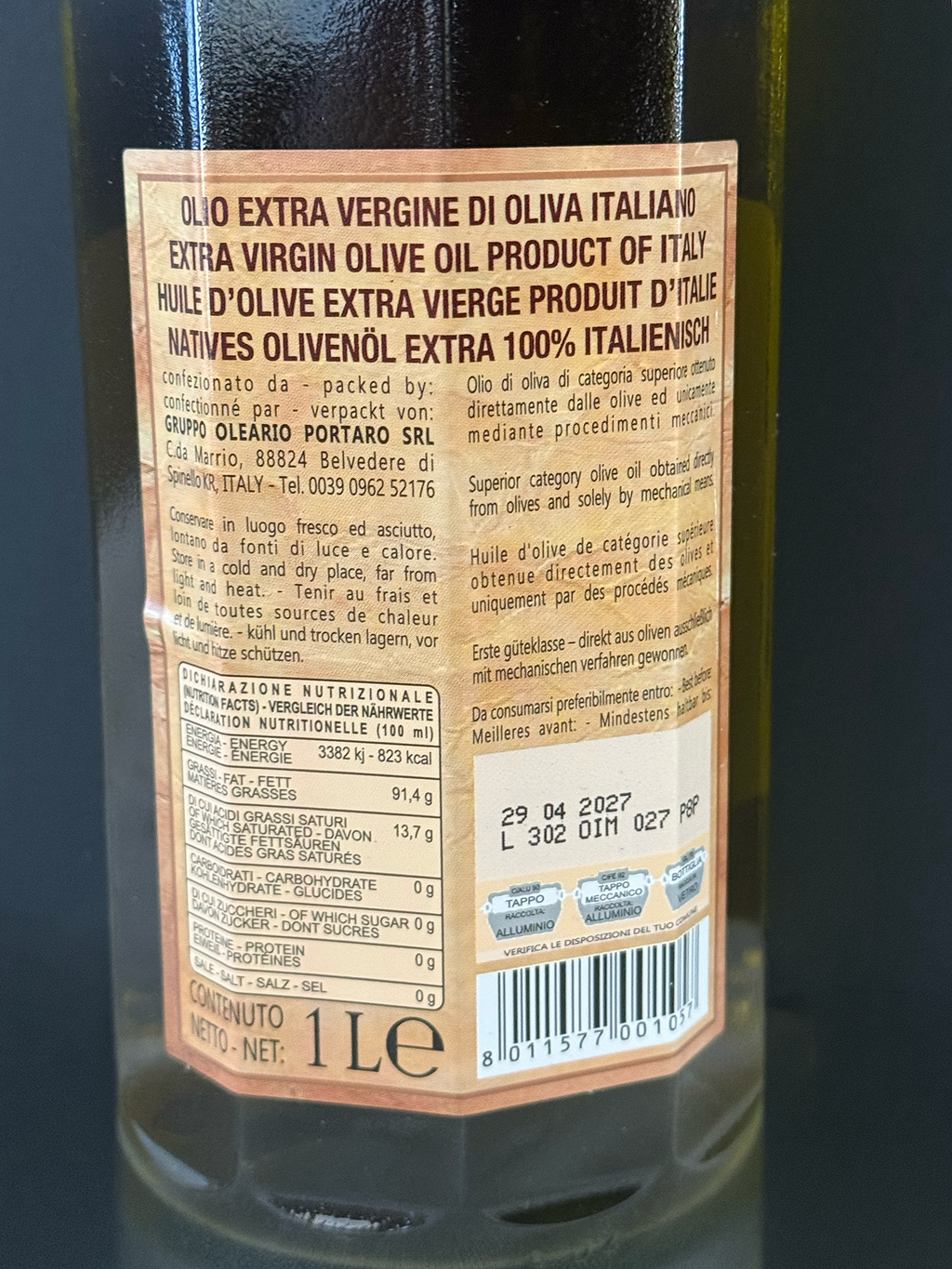 IL VERDONE BY PORTARO UNFILTERED EXTRA VIRGIN COLD-PRESSED OLIVE OIL | 1 LITER